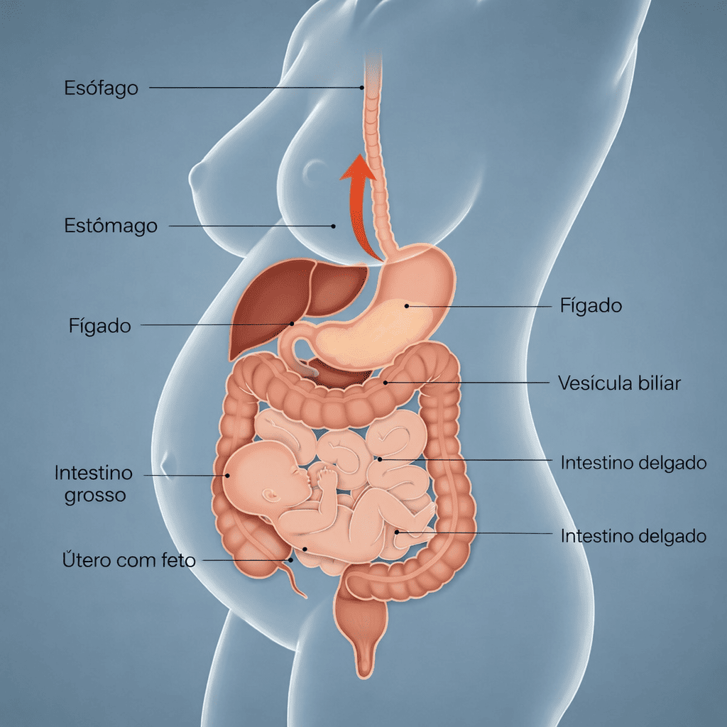 Ilustração anatômica mostrando como o útero com feto pressiona o estômago durante a gravidez, causando o refluxo que leva à azia