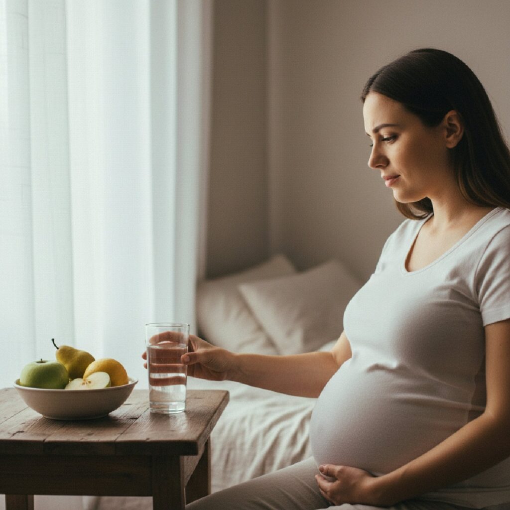 Gestante sentada segurando um copo de água ao lado de uma fruteira com maçã e pera, alimentos que ajudam a aliviar a azia na gravidez