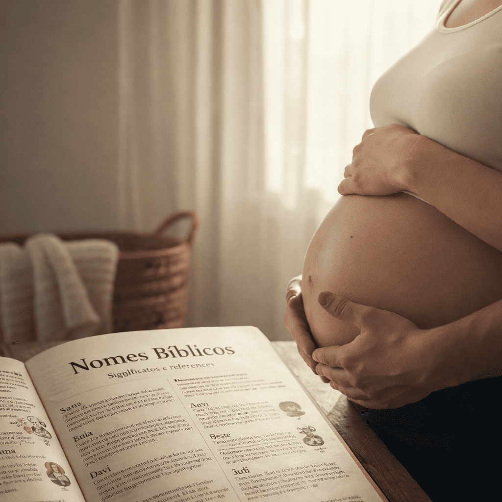 Mulher grávida segurando a barriga ao lado de um livro aberto com nomes bíblicos masculinos e seus significados, iluminado por luz natural suave.